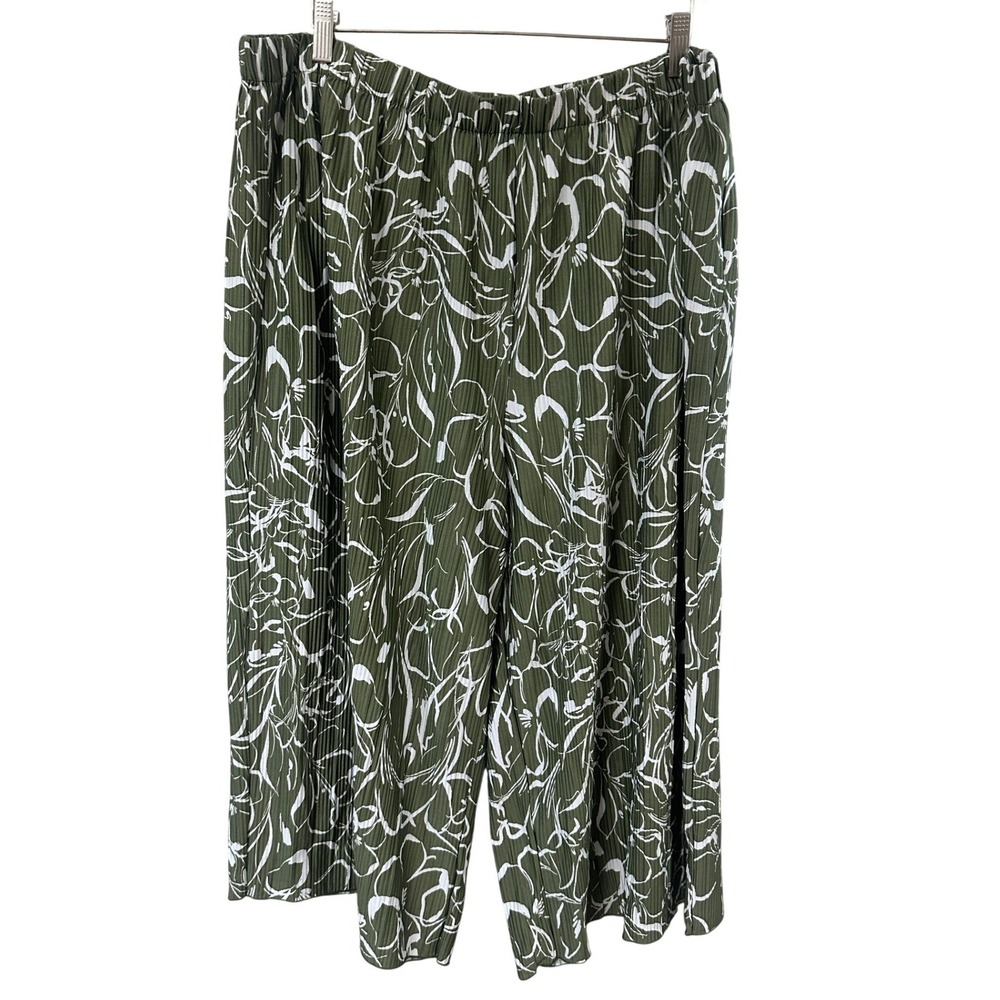 Rafaella Womens 2X‎ Green White Abstract Leaf Print Cropped Wide Leg Pants